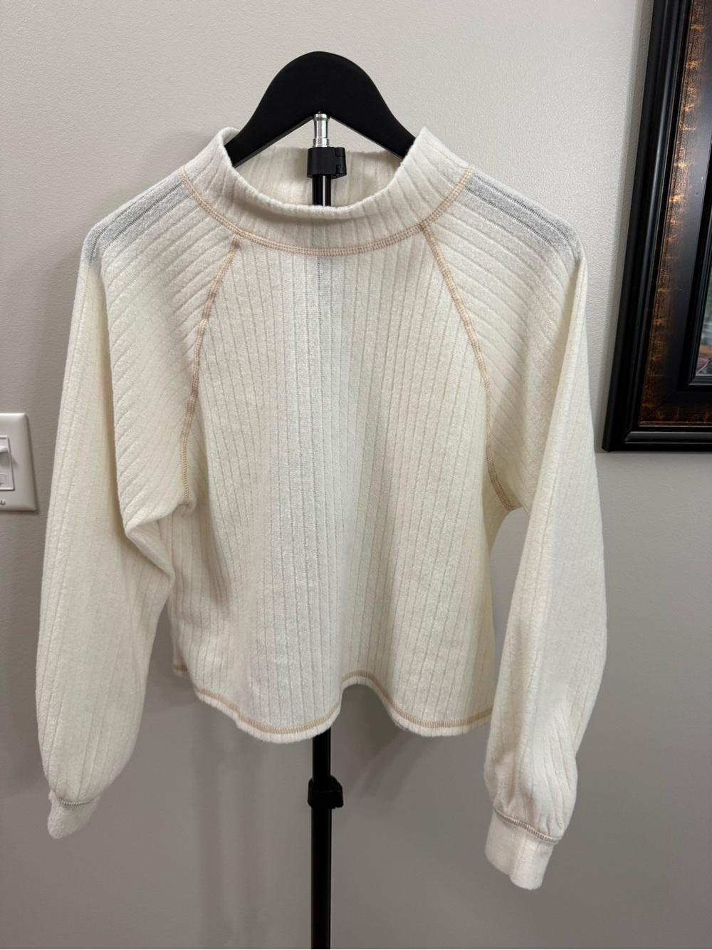 Lush Cream Ribbed Mock Neck Sweater with Contrast Stitching